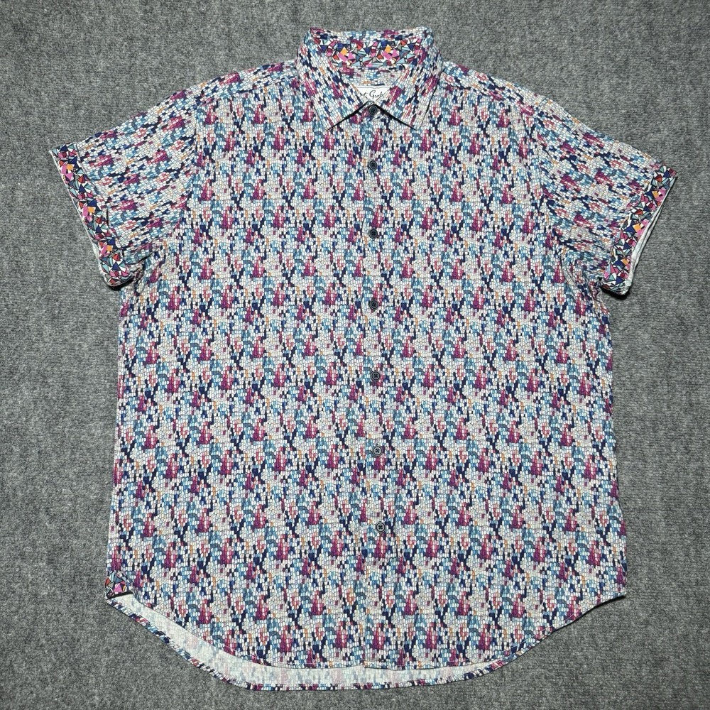 Robert Graham Linen Blend Geometric Mosaic Short Sleeve Button Up Men XL Classic